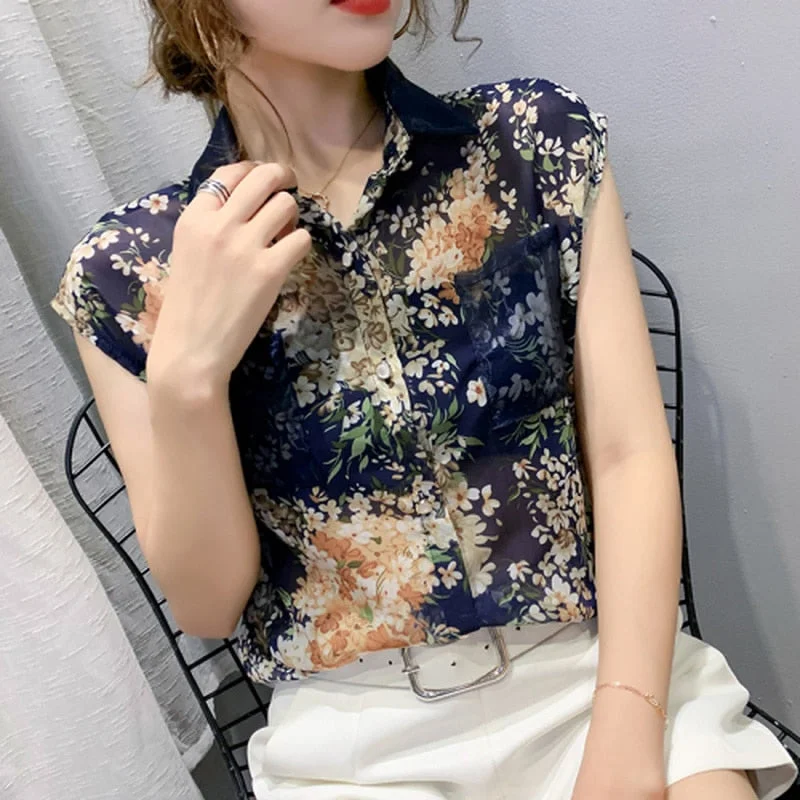 Casual Sleeveless Print Blouse Spring Summer New Floral Chiffon Shirts Women Plus Size Cardigan Ladies Tops Blusas Mujer 10225