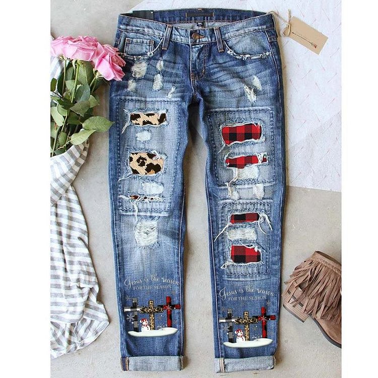 Plaid Christmas Cross Graphic Mid Waist Ripped Jeans 