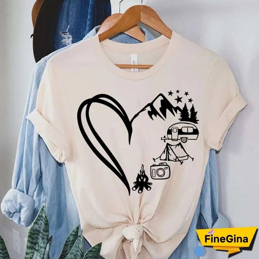 Hot Camping Heart Printed T-Shirts For Women Summer Short Sleeve Tee Shirts Round Neck Casual Summer Ladies Tops