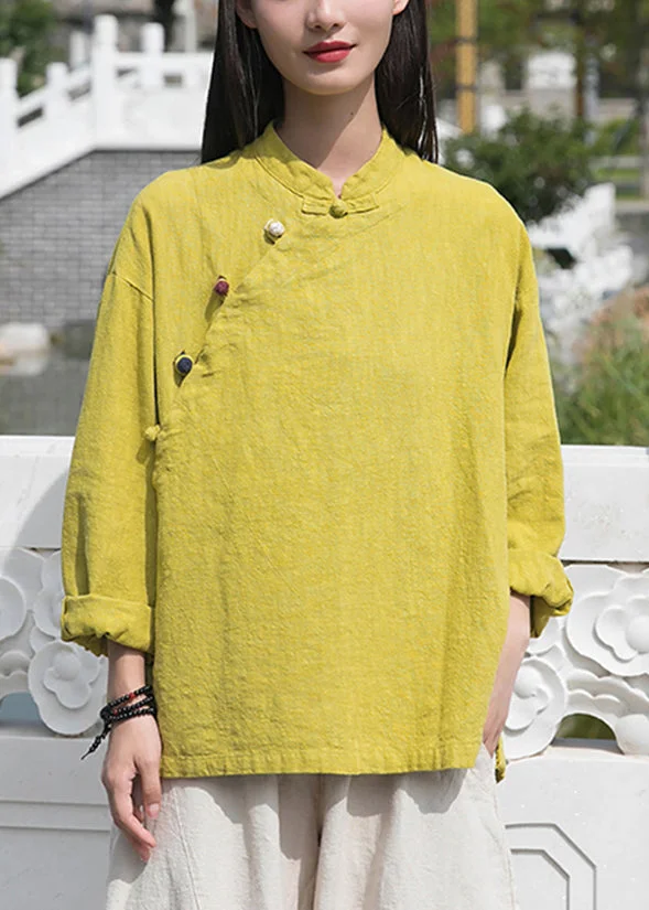 Yellow Low High Design Patchwork Linen Tops Stand Collar Long Sleeve