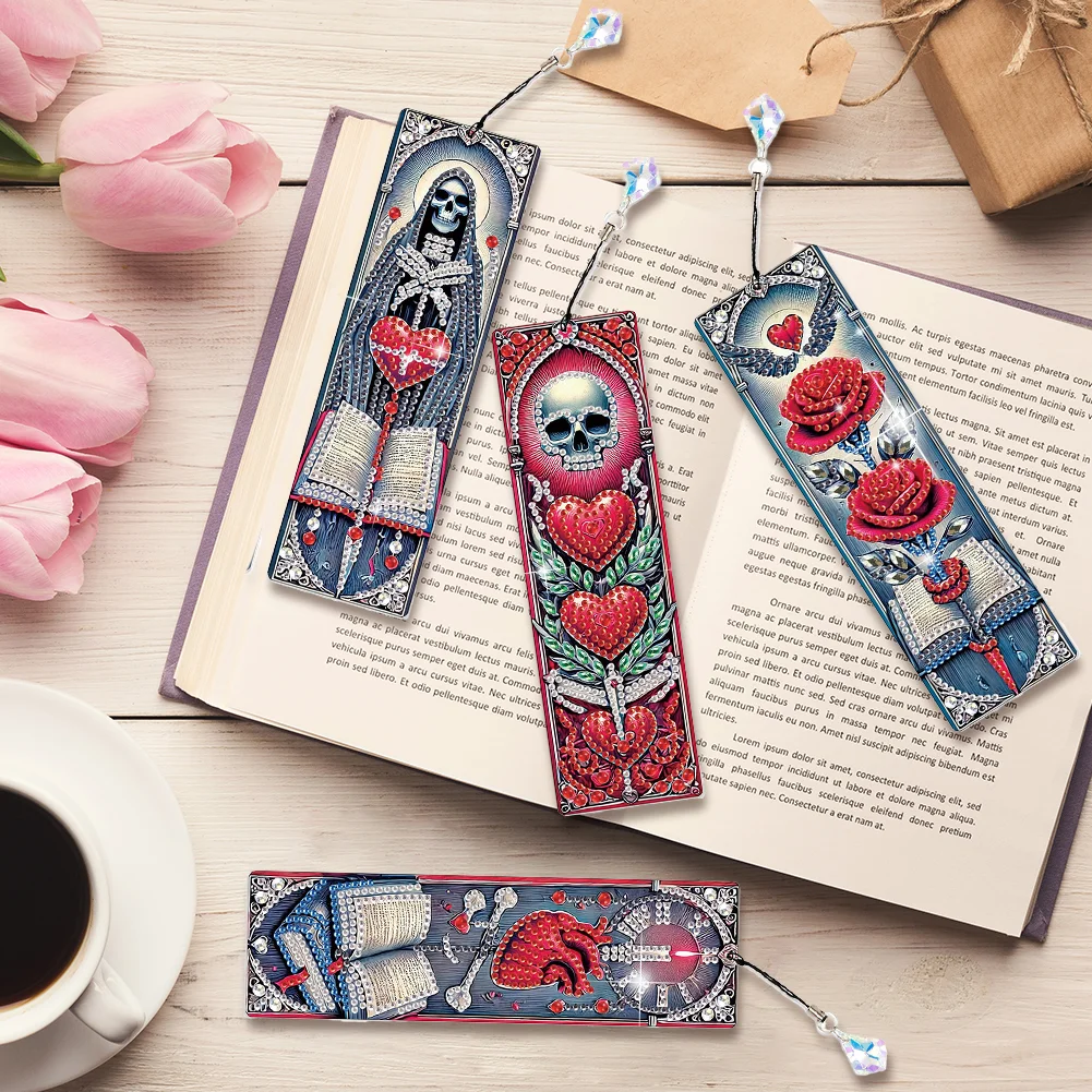4Pcs Skull Rose Themed DIY Diamond Painting Bookmark for Reading Enthusiasts