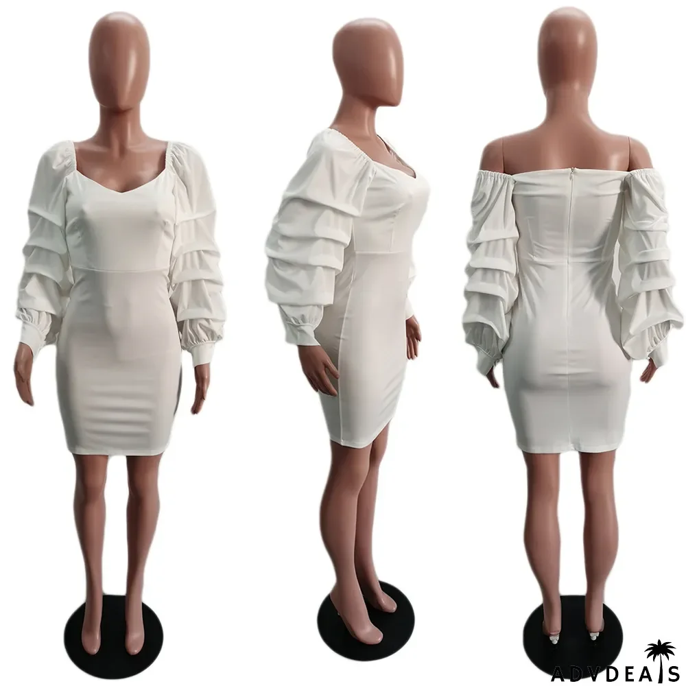 Solid V Neck Long Sleeve Mini Dress