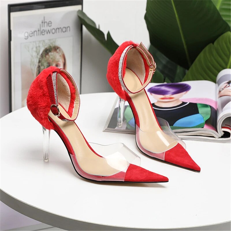 VCSHOES Jeweled Buckle Belt Gladiator Sandals Women Clear Crystal Thin Heel Pointed Toe Fuzzy Cover Heels Transparent PVC Shoes