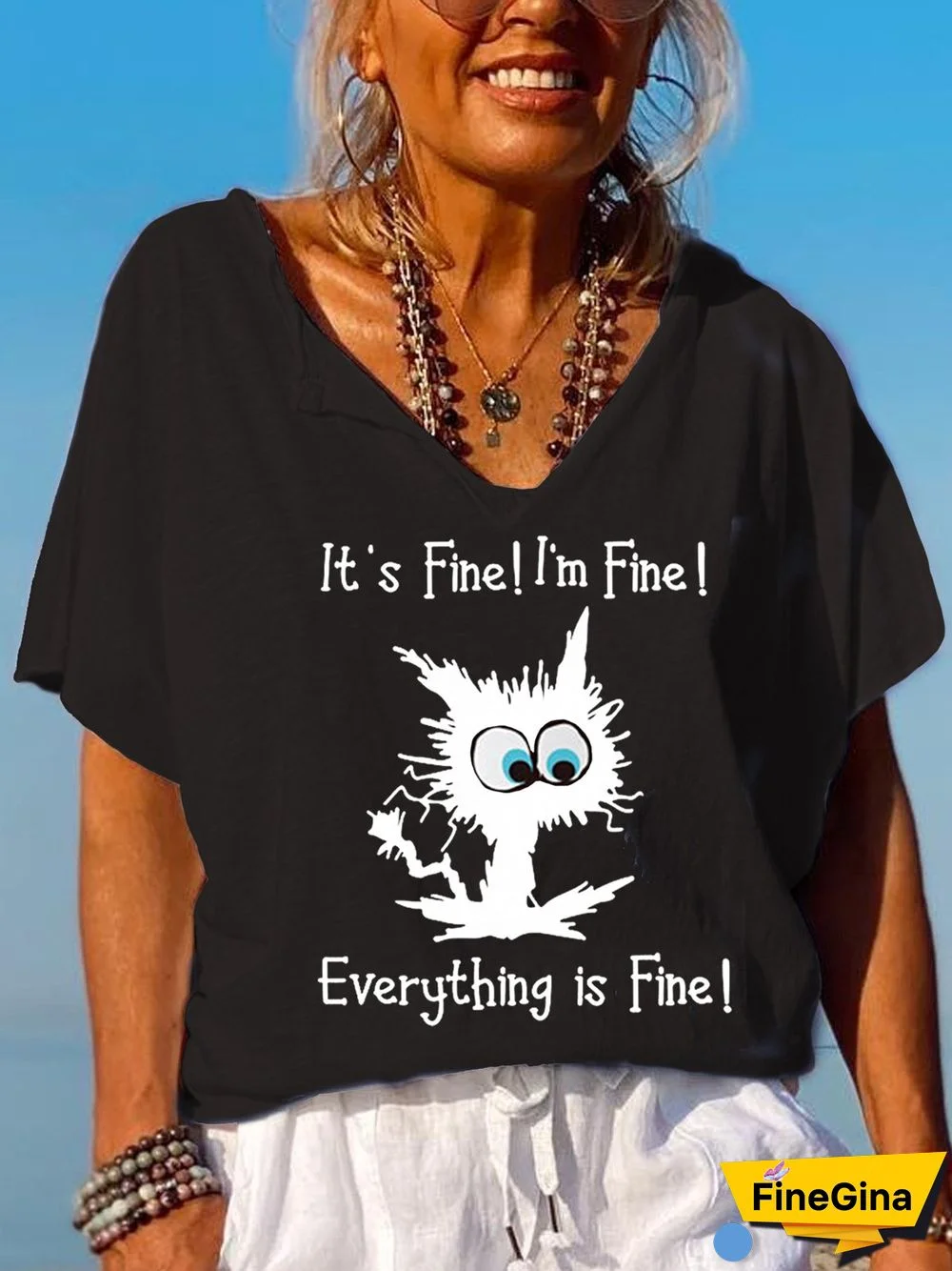 Women's It's Fine I'm Fine Everything Is Fine Funny Cat V-Neck Tee