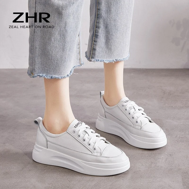 ZHR Genuine Leather Casual Shoes Women Sneakers Light White Sneaker Platform Med Heel Ladies Shoe Comfortable Vulcanized Shoe