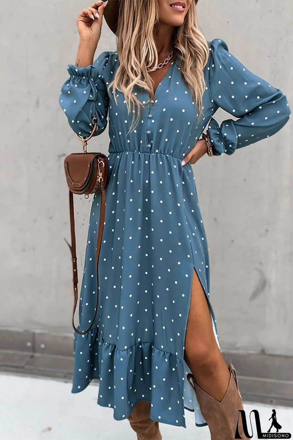 MidiSono - Blue Button Polka Dot High Slit Ruffled Long Sleeve Midi Dress