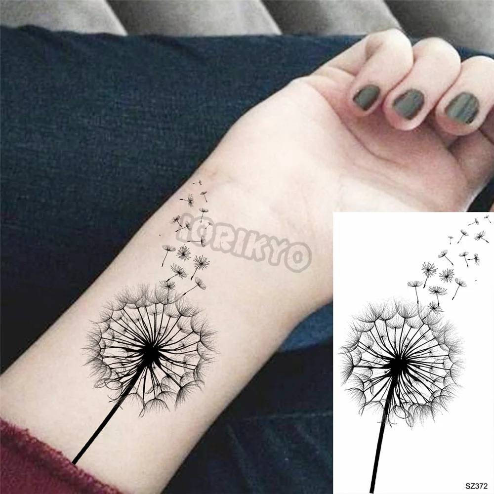 Black Pencil Sketch Henna Lotus Temporary Tattoos For Women Girls Realistic Planet Dandelion Fake Tattoo Sticker Back Arm Tatoos