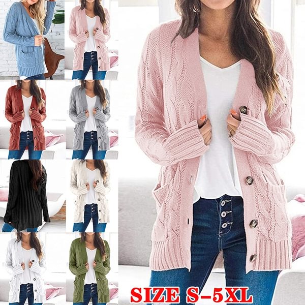 Autumn Winter Women's  Casual Solid Color Knitted Sweater with Pocket Ladies Fashion Oversized Loose Cardigan SweaterPlus Size S-5XL - Shop Trendy Women's Fashion | TeeYours