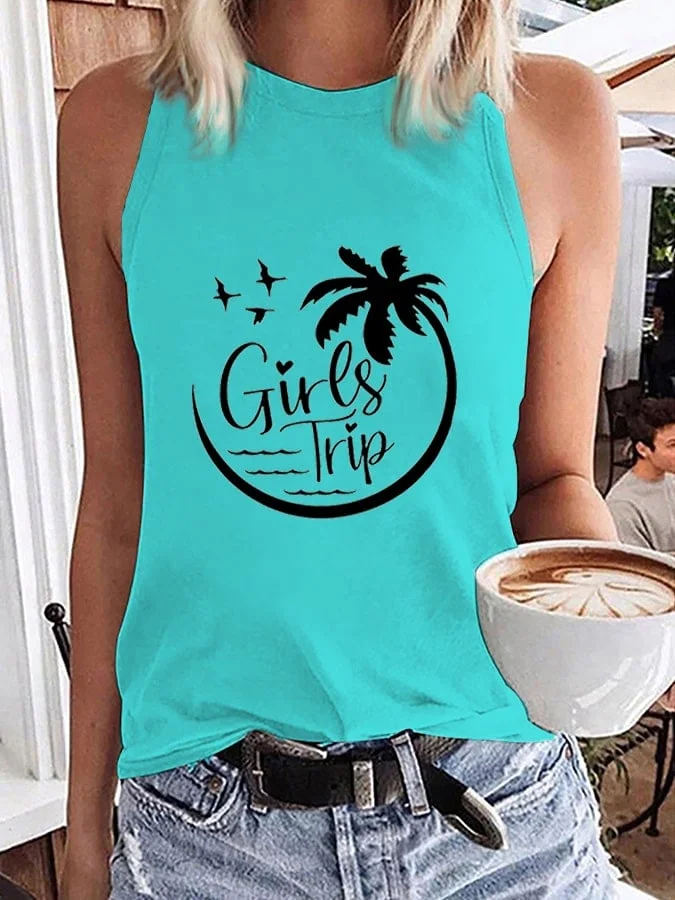 Women's Beach Vibes Girl's Trip Palm Coco Tree Print Tank Top-mysite