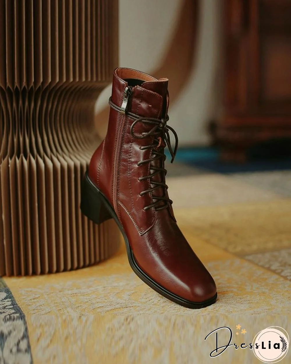 Pointed-toe Solid Color Lace-up Martin Boots