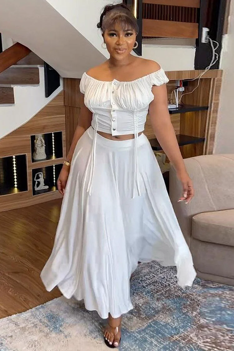 Off Shoulder Puff Sleeve Button Ruched Crop Top Flowy White Maxi Skirt Matching Set