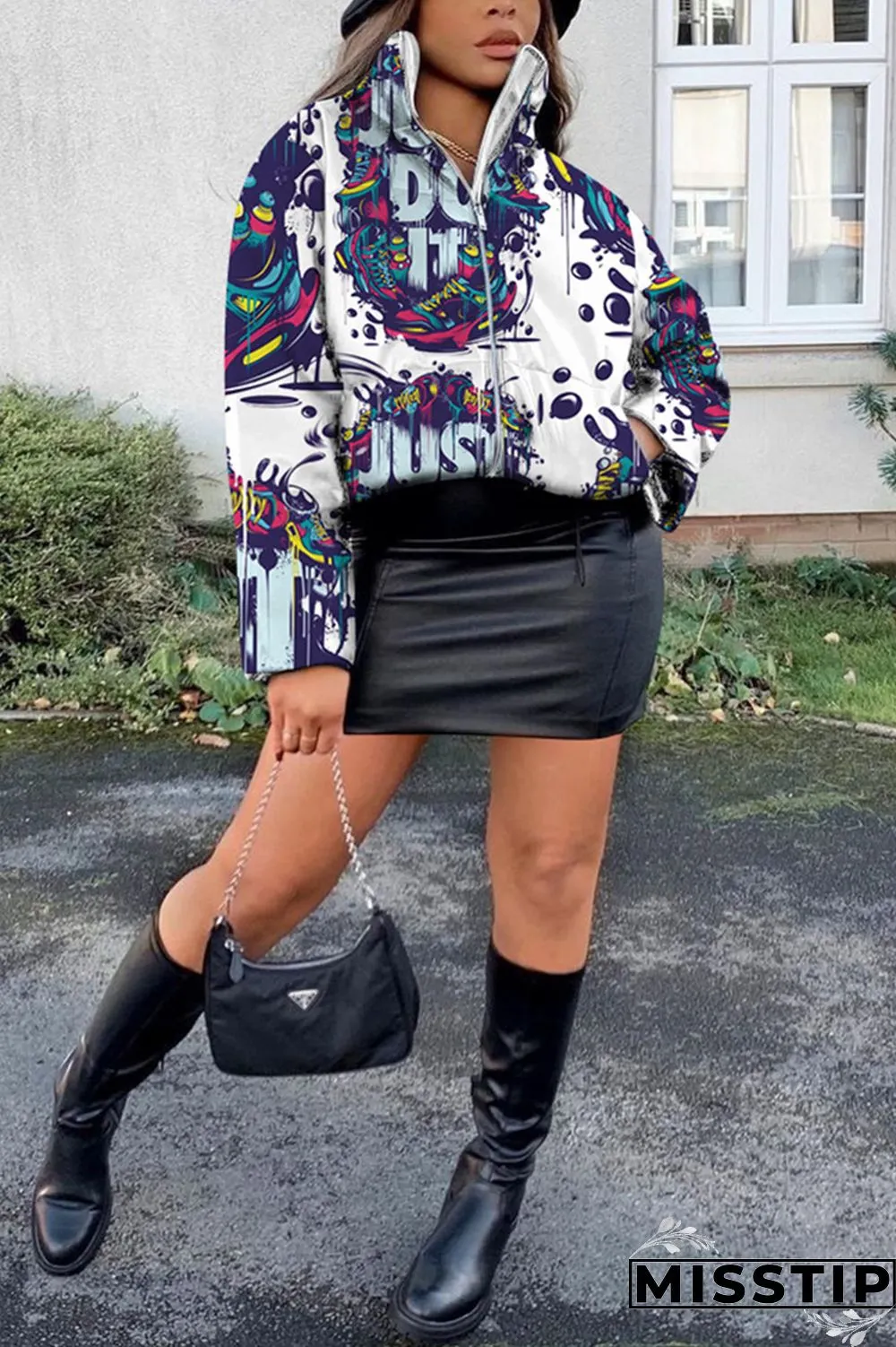 Cyanine Fashion Casual Print Basic Mandarin Collar Outerwear