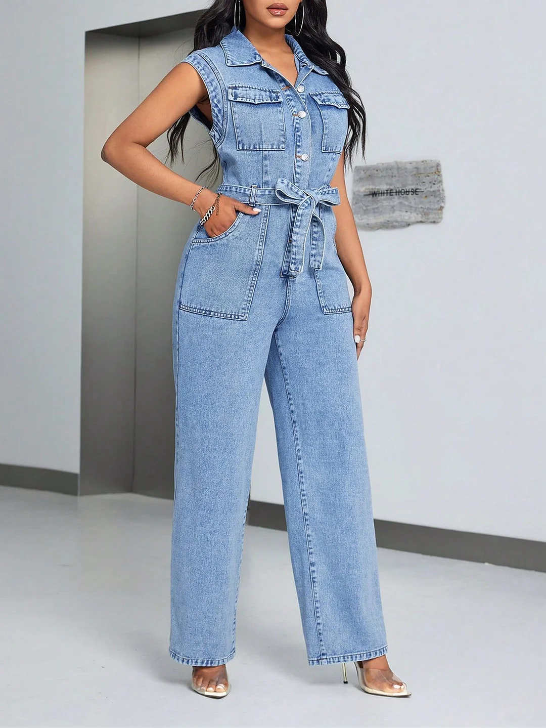 Women's Sleeveless Casual Denim Jumpsuit Tie up Waist One Piece Overall Jumpsuit