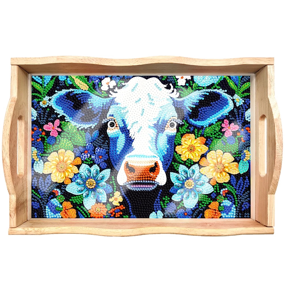 DIY Flower Cow Diamond Painting Wooden Nesting Food Trays with Handle Coffee Table Tray