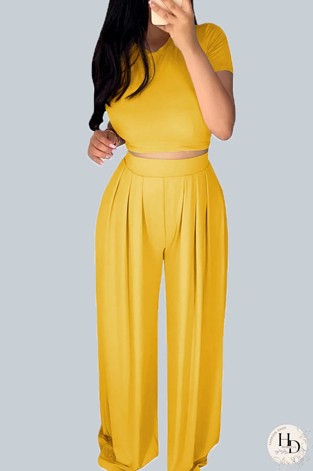 Yellow Casual Polyester Solid Split Joint O Neck Short Sleeve Short Two Pieces