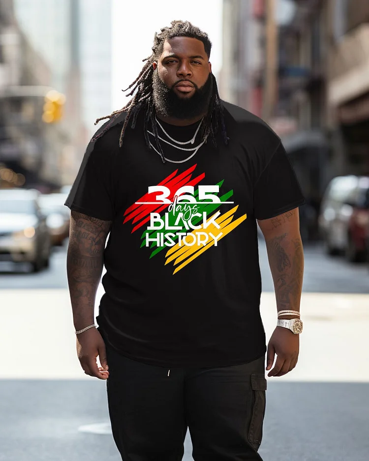 Men's Large Size 365 Black Historical Round Neck Short Sleeve T-Shirt