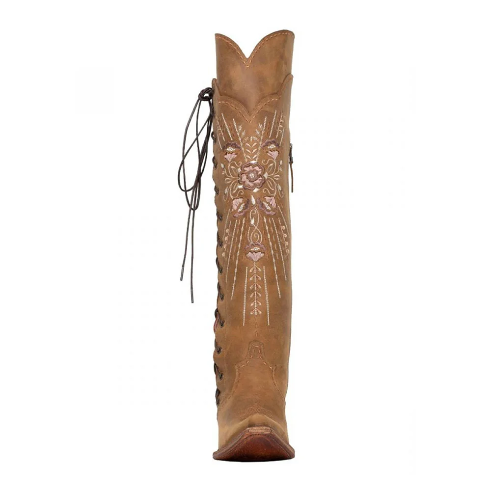 Brown Snip Toe Chunky Heel Lace Up Western Boots for Women with Zipper