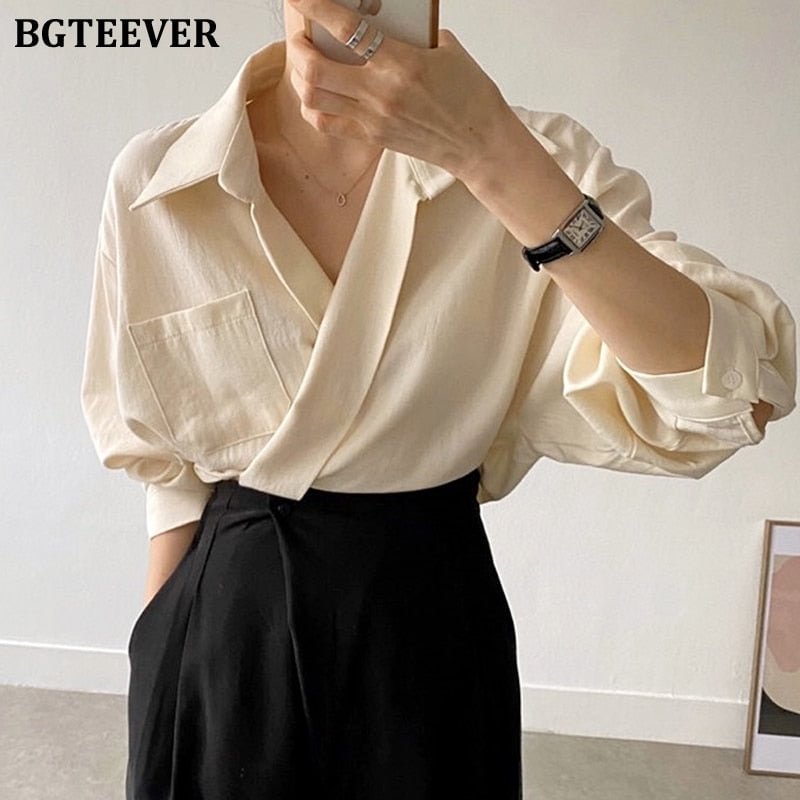 BGTEEVER Casual Turn-down Collar Women Solid Blouses Tops 2021 Autumn Full Sleeve Pocket Female Shirts Elegant Ladies Blusas