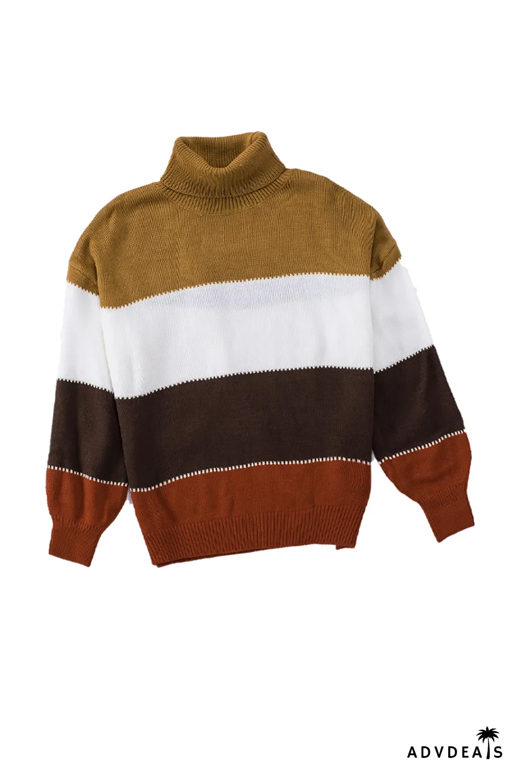 Orange Accent Color Block Turtleneck Chunky Knit Sweater