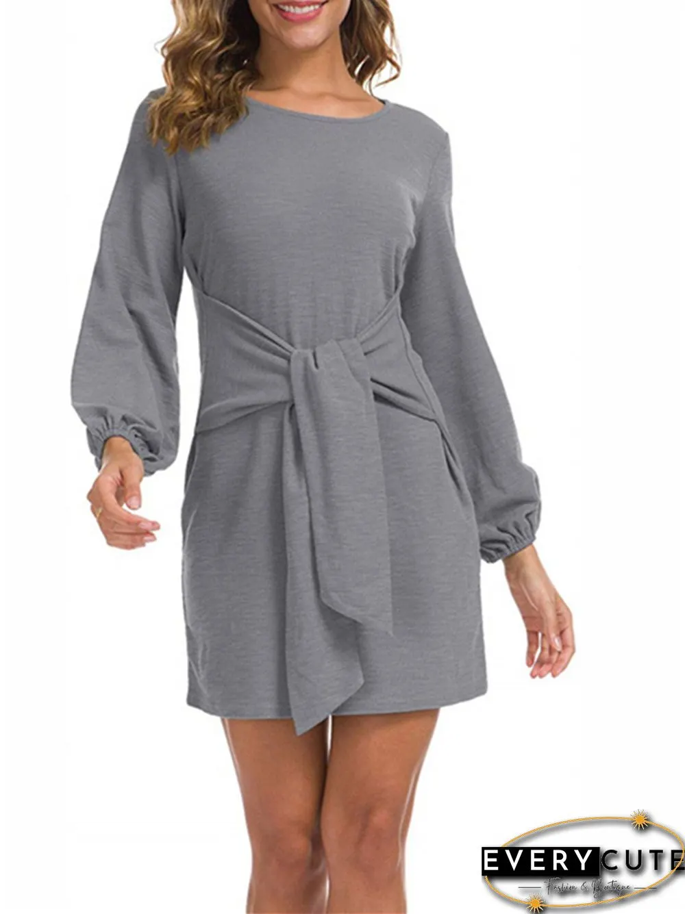 New Women's Waist Long Sleeve Strap Solid Color Dress