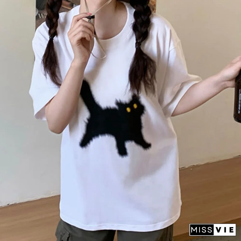 Cartoon Cat Print Round Collar Oversized T-Shirt