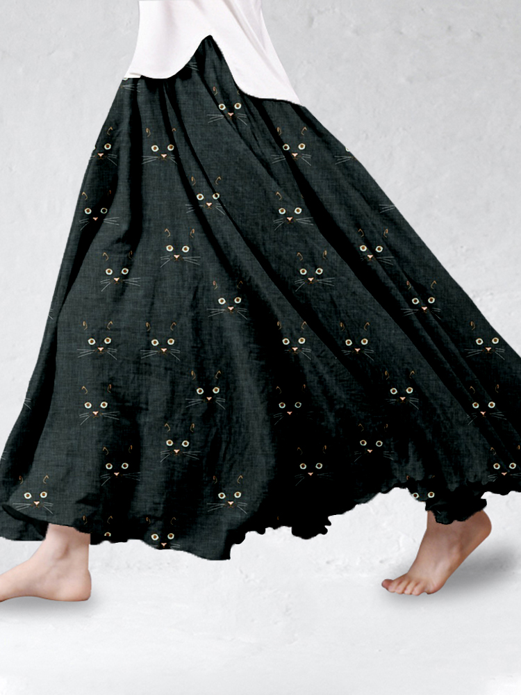 Comstylish Cute Cat Face Pattern Linen Blend Flowy Wide Skirt