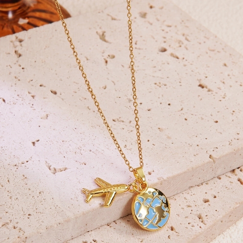 Vintage Style Classic Style Earth Travel Airplane 304 Stainless Steel Copper 18K Gold Plated Pendant Necklace