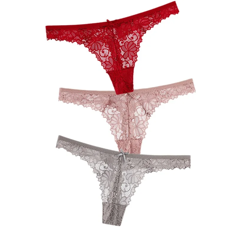 3Pcs/Lot Sexy Lace Thong Low Waist Lace Transparent Panties Women Hollow out Breathable G String Briefs Bow Underwear Lingerie