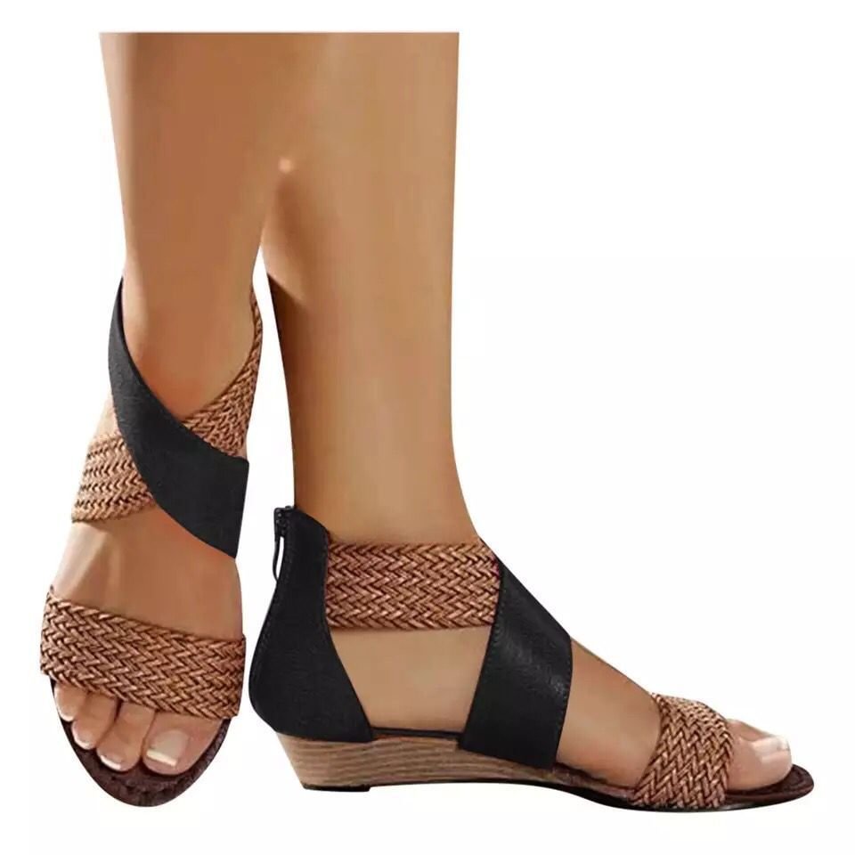 KAMUCC Fashion New Fish Mouth Leather Canvas Women Weave Wedge Heel Shoes Zipper Sandals Casual Beach Sandals Roman Shoes