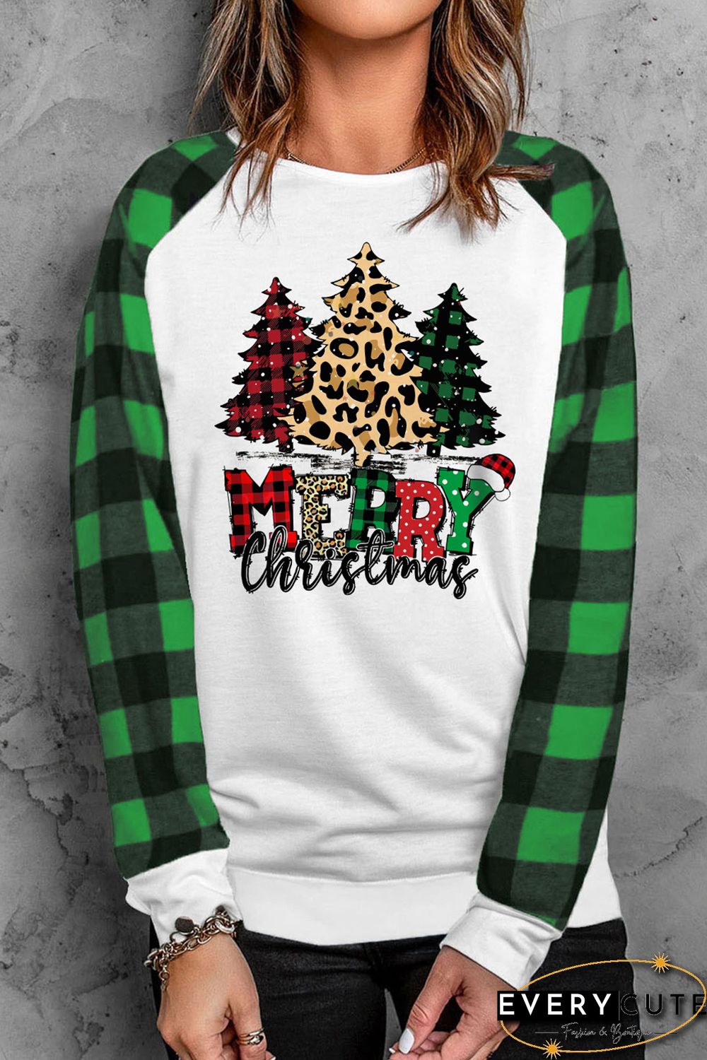 Green Plaid Raglan Sleeve Christmas Tree Sweatshirt