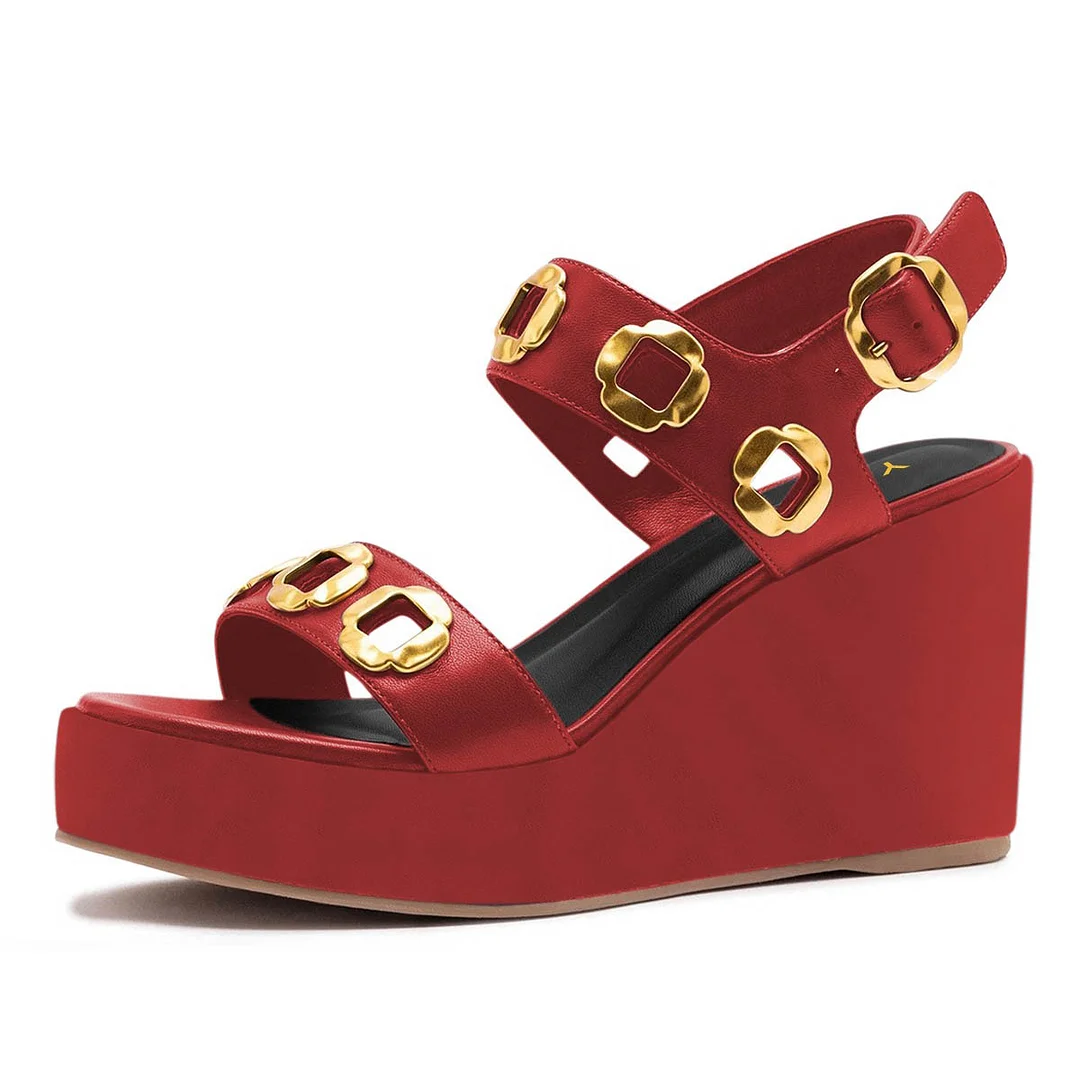 Red Round Toe Casual Metal Decor Platform Buckle Strap Wedge Sandals