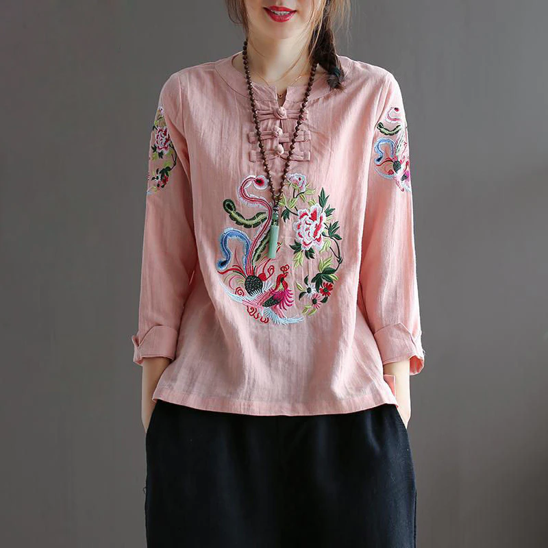 Women Cotton Linen Embroidery Long sleeve Casual Tops