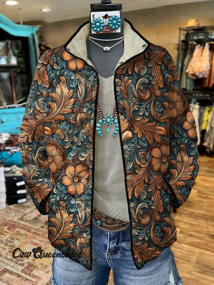 Women’s Vintage Flower Art Casual Quilted Jacket Multicolor / S