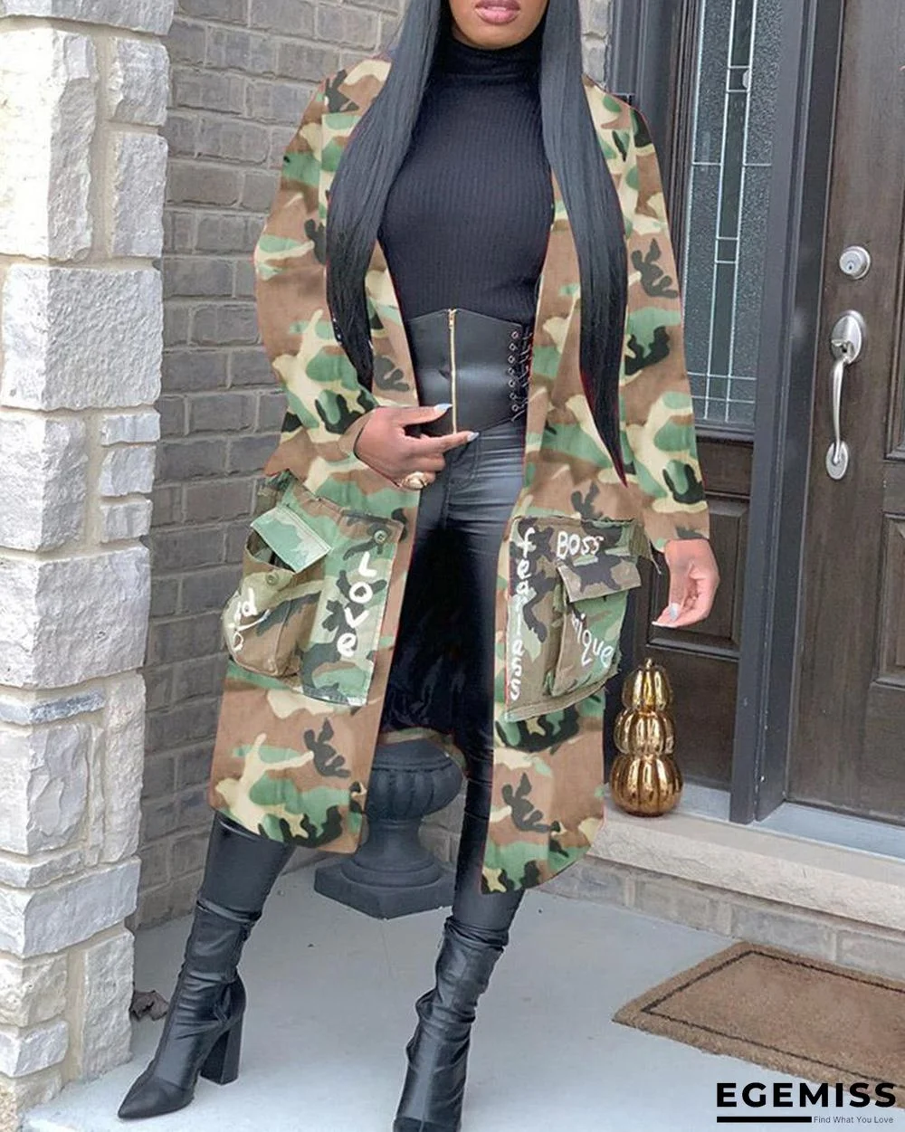 Letter Print Camouflage Pocket Design Long line Coat | EGEMISS