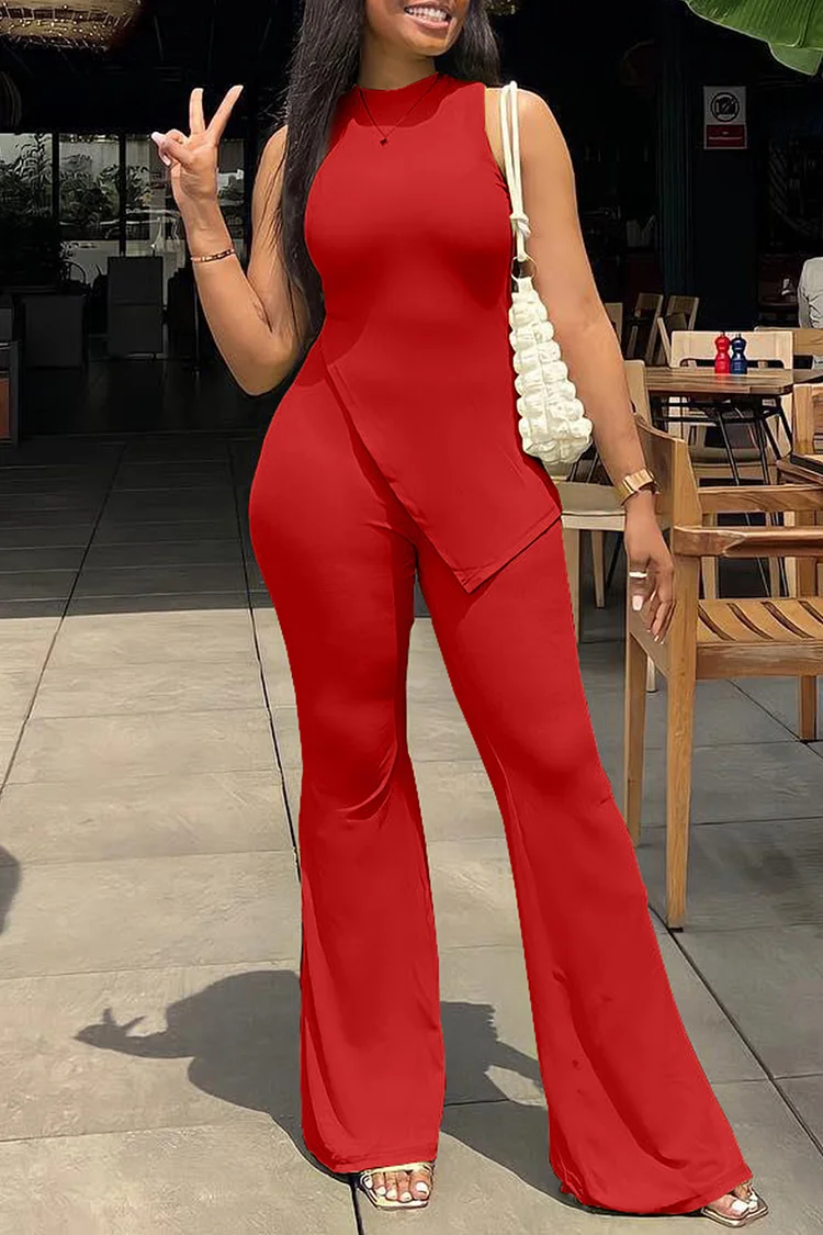 Red Fashion Casual Solid Slit O Neck Sleeveless Two Pieces