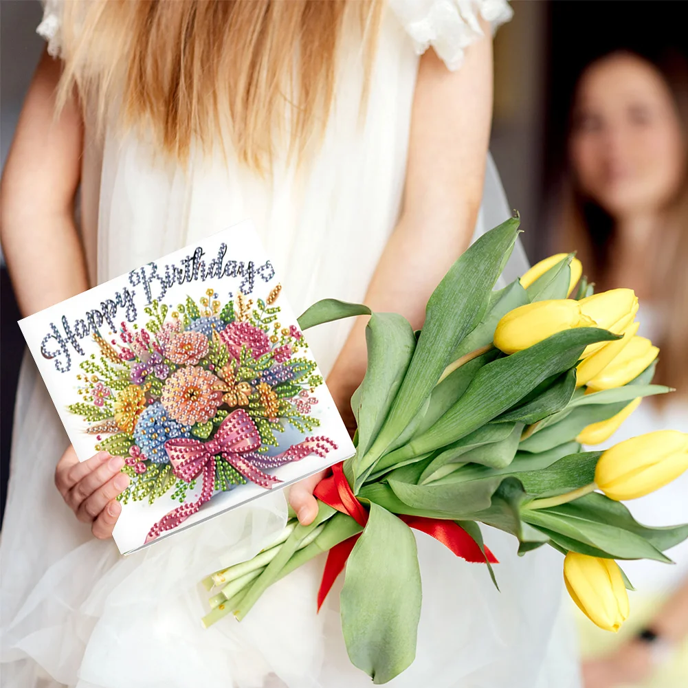 [Upgrade-Laser Card]6Pcs Birthday Bouquet DIY Diamond Painting Card Diamond Drawing Card for Friends