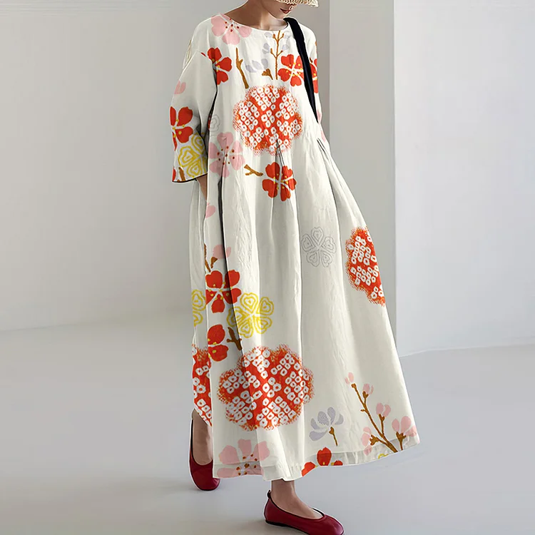 VChics Japanese Art Flower Print Loose Casual Midi Dress