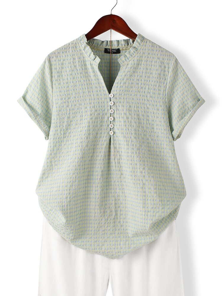 Plaid Print Button Ruffle Collar Casual Blouse for Women P1841536
