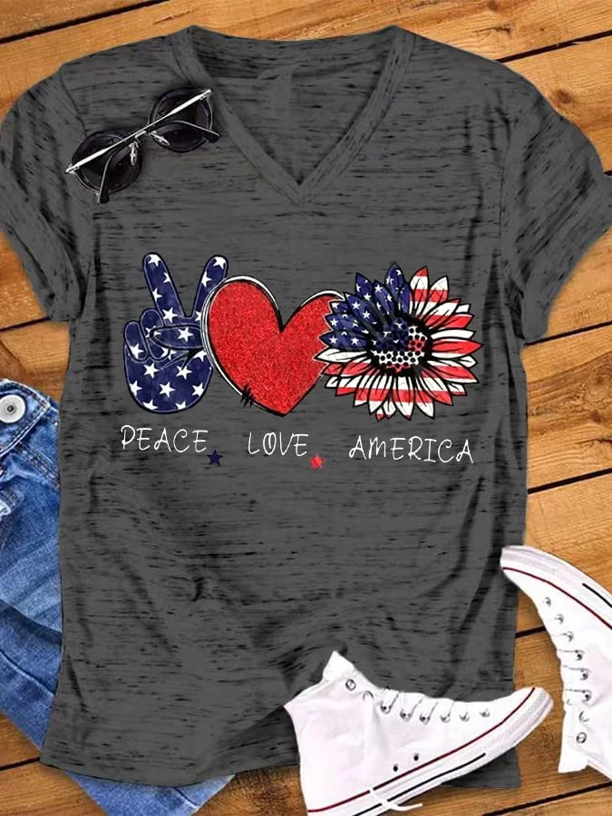 Women's Peace Love America 4th Of July Independence Day Casual V-Neck Tee socialshop