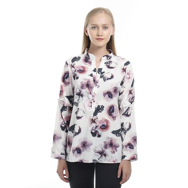 Spring Women Elegant Casual Blouse Floral Print Button Design Long Sleeve Shirt Basic Tops - Shop Trendy Women's Fashion | TeeYours