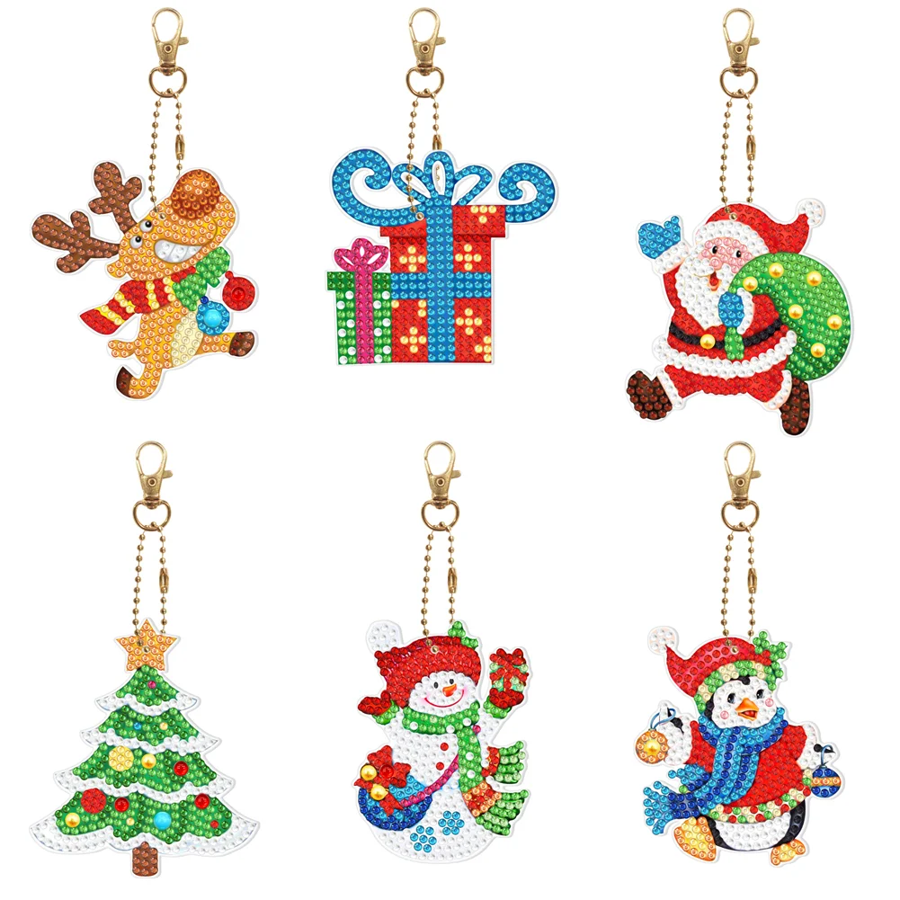 6pcs Christmas Gifts Diamond Painting Keychain DIY Special-shaped Key Ring(Double-sided)