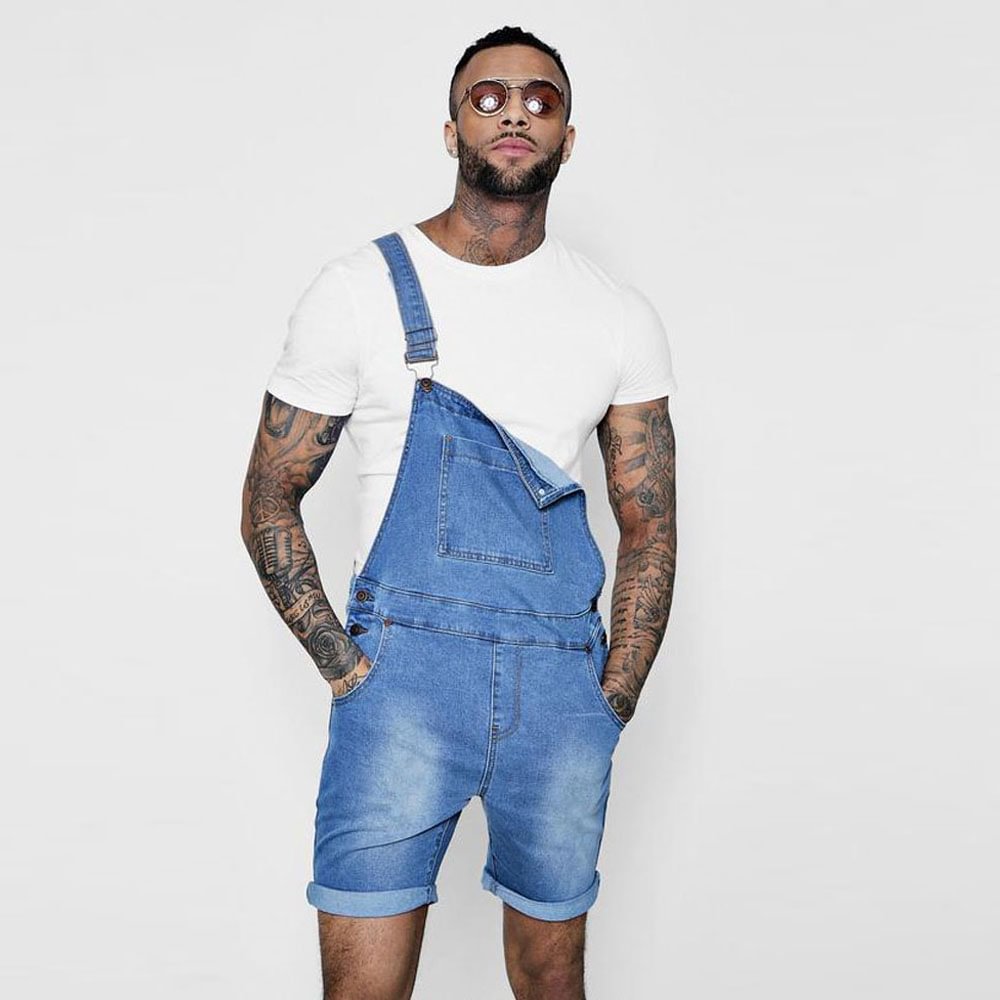 Sling Denim Jumpsuit Jeans Suspender Pants with Pocket for Men-Pajamasbuy