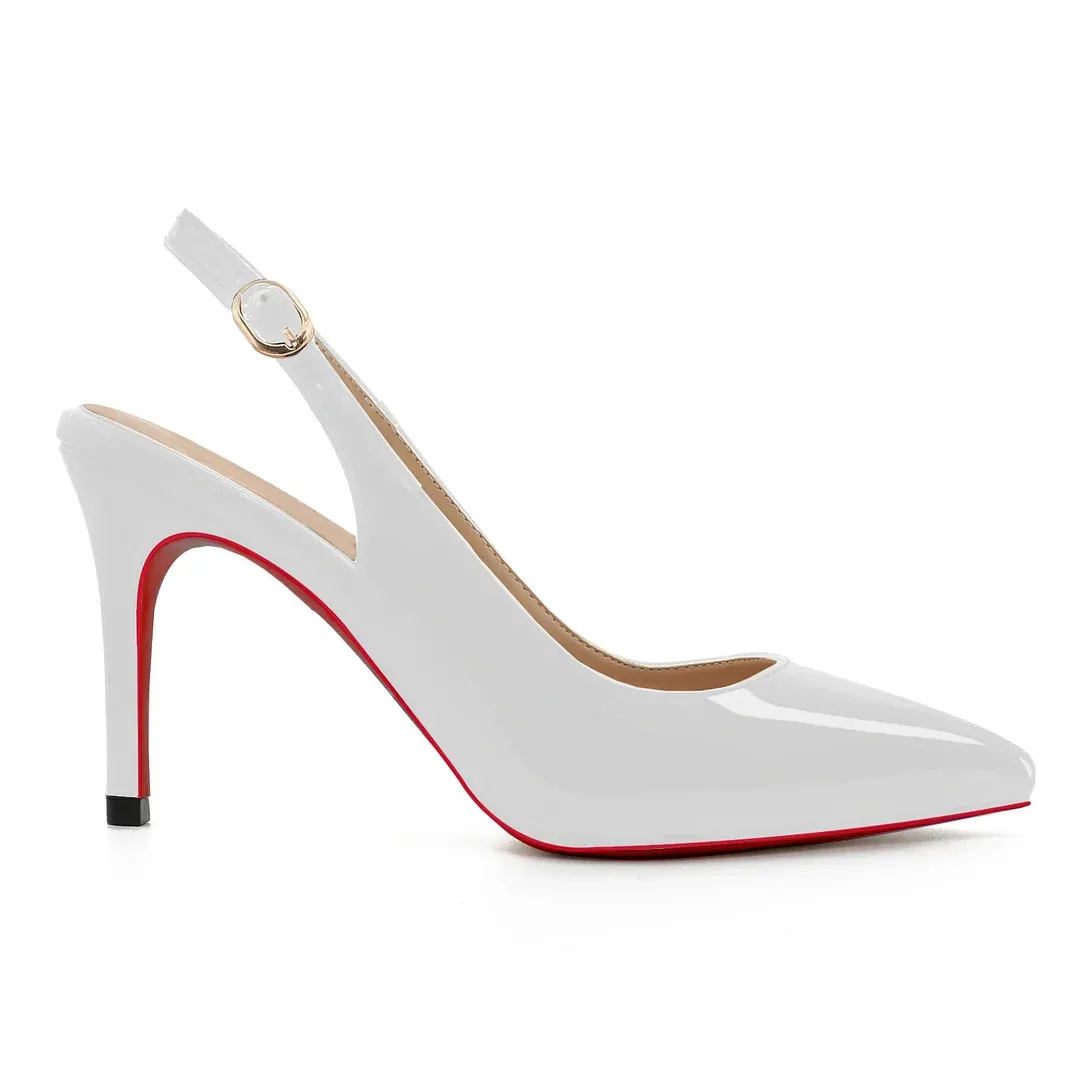 90mm Women's Pointed Toe Slingback Heels Red Bottoms Pumps Comfortable Dress Shoes-vocosishoes