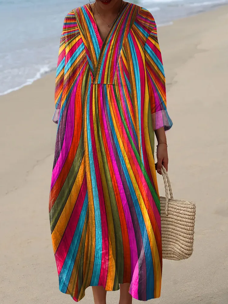 Women's Vintage Rainbow Stripe Art Print Dress