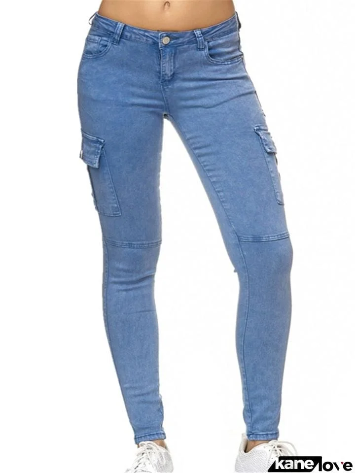 Tapered Fit Solid Color Low-Rise Multi-Pocket Skinny Denim Pants