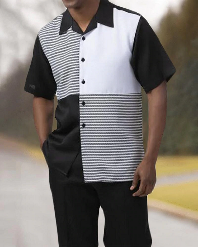 Short Sleeve Print Walking Two Piece Suit Set With Long Pants