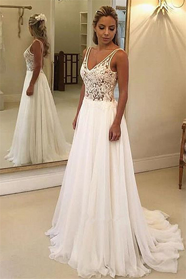 Dresseswow Sleeveless Lace Chiffon Beach Bridal Dress Long Wedding Reception Dress