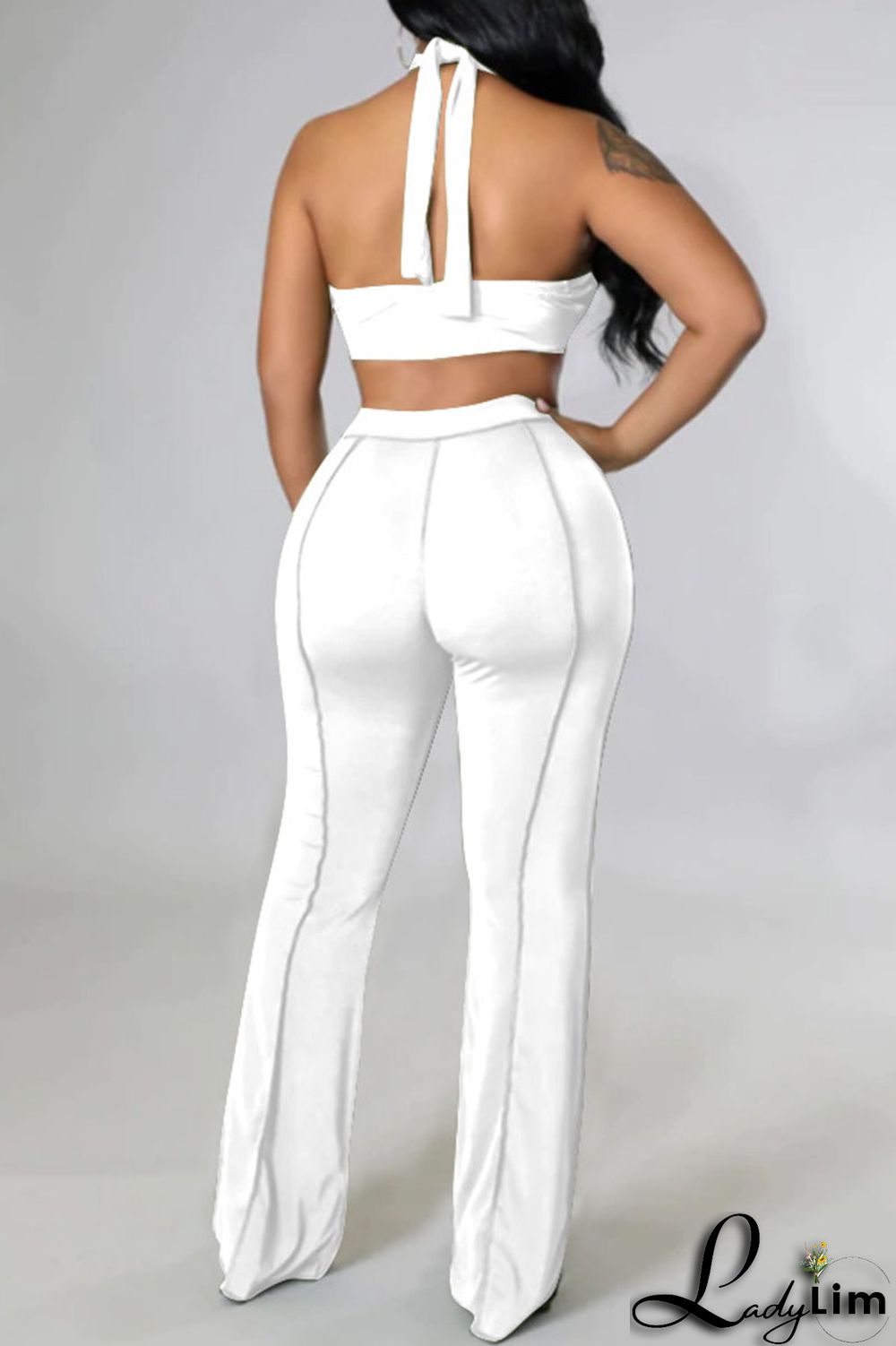 Orange Sexy Lips Printed Backless Asymmetrical Halter Sleeveless Two Pieces