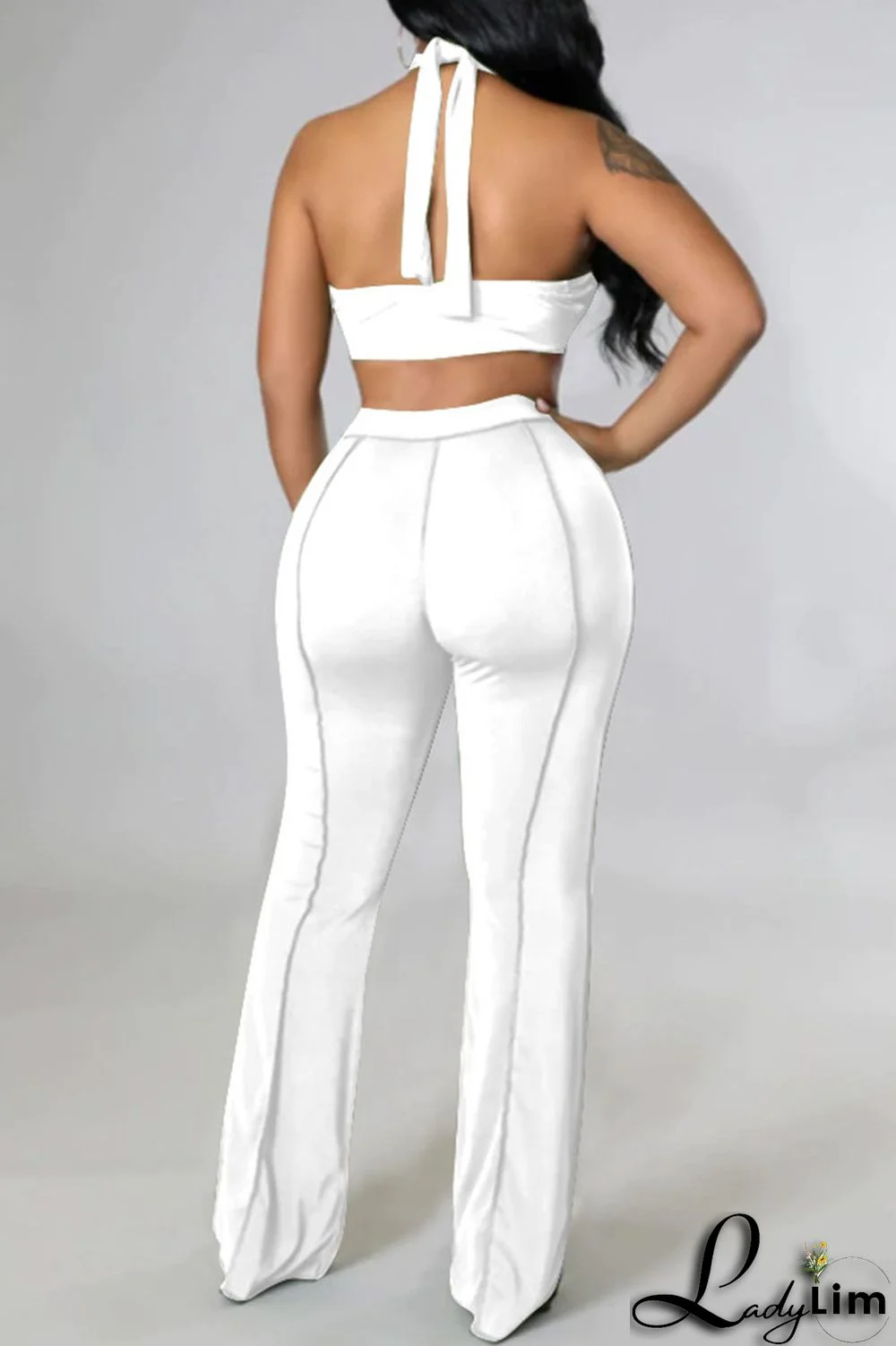 Orange Sexy Lips Printed Backless Asymmetrical Halter Sleeveless Two Pieces