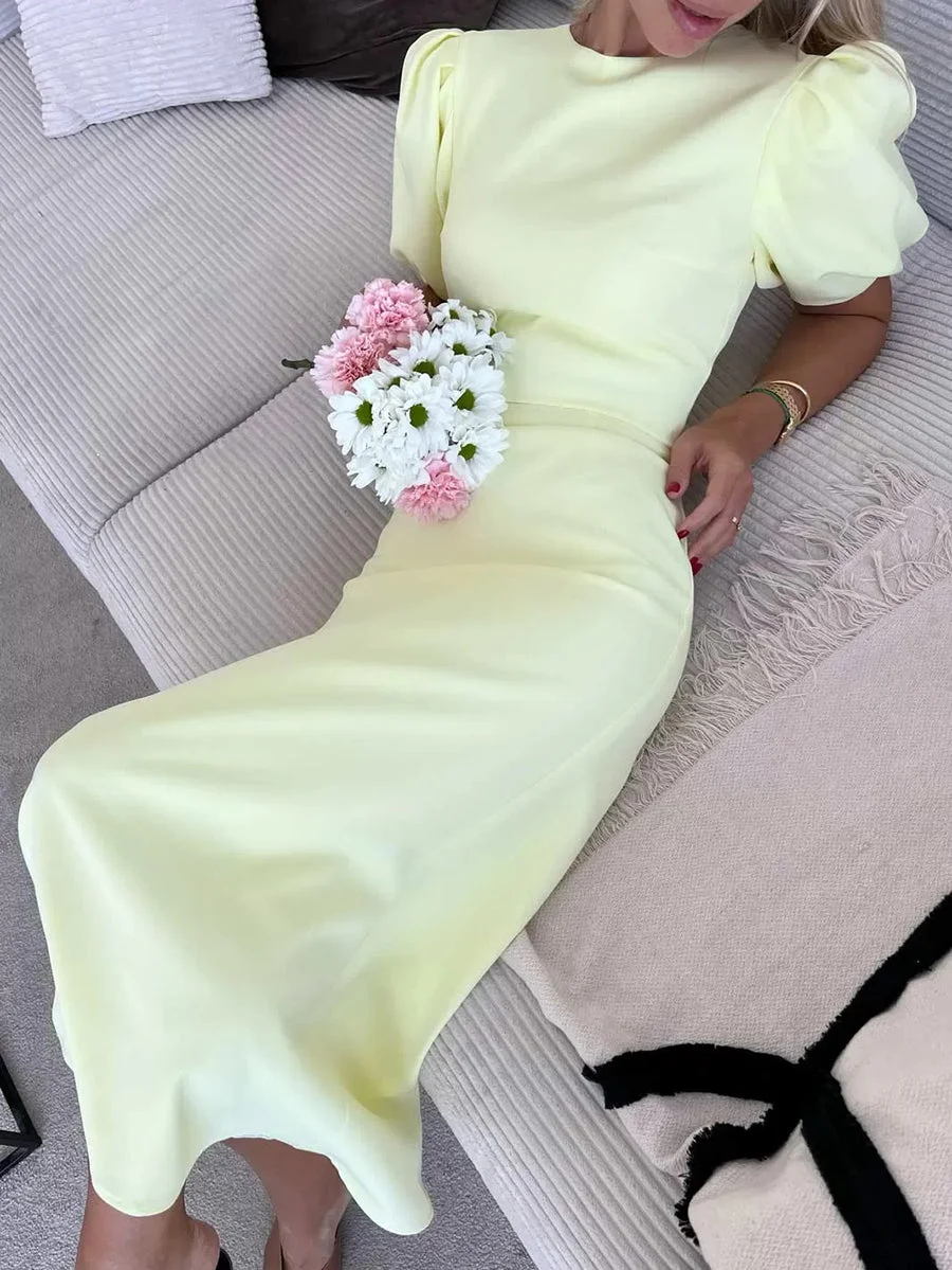 Simple High Waist Puff Sleeve Midi Dress